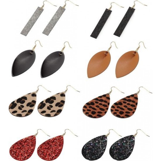 8pairs Leather Earrings Lightweight Teardrop Dangle Earrings Leaf Leopard Print Earrings Set For Women Girls